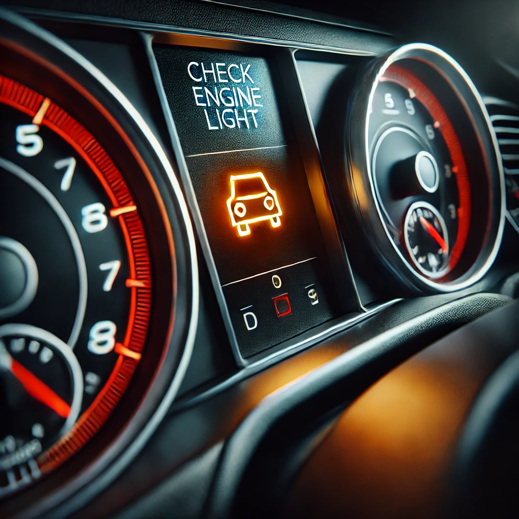 A close-up view of a car's dashboard with a blinking check engine light illuminated. The dashboard is sleek and modern with digital displays